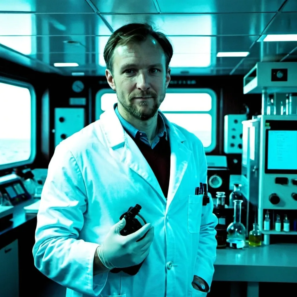 Prompt: A Caucasian man in a lab coat on a ship.