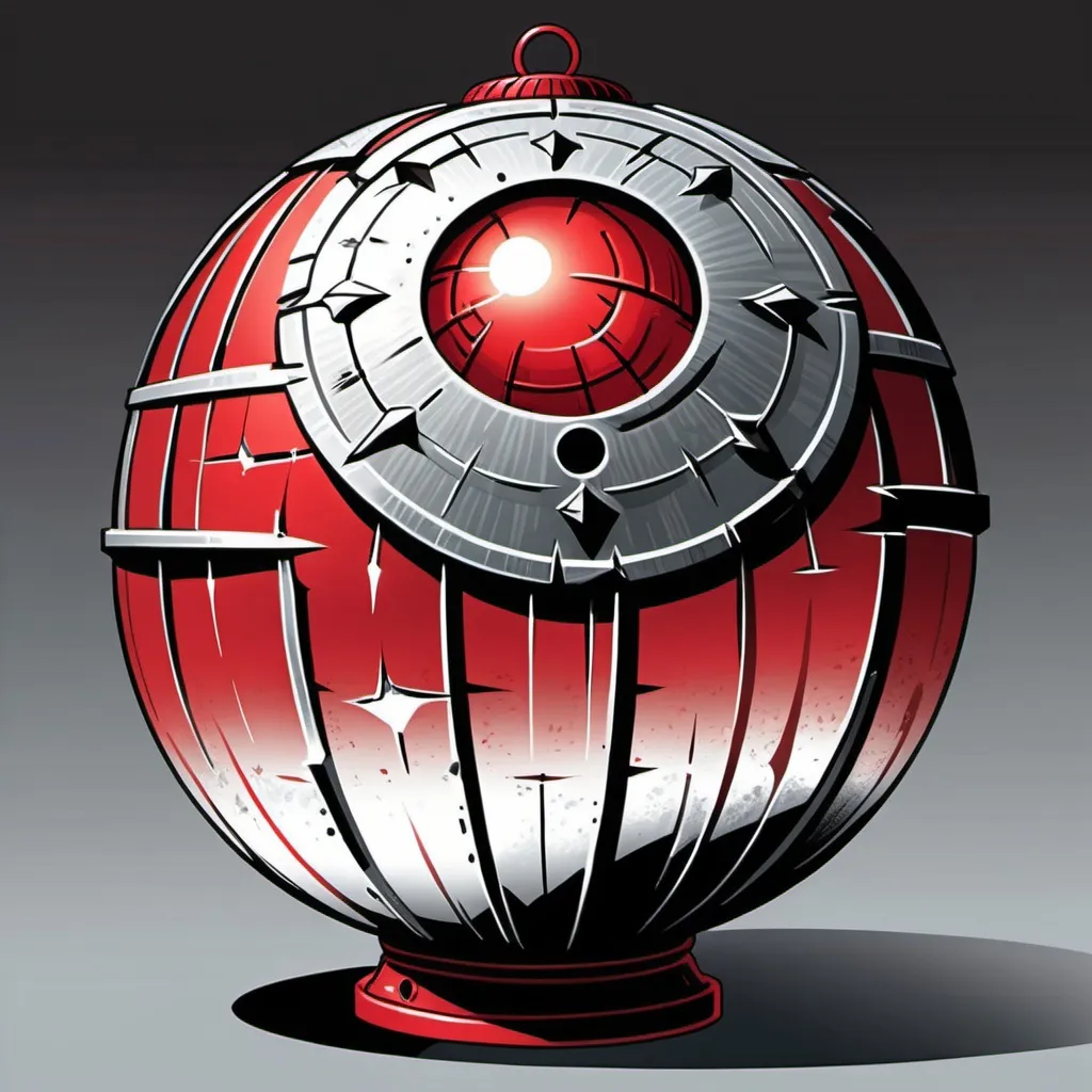 Prompt: A large metallic silver scratched sphere, evenly covered everywhere with small details, similar to nails or screws. In its center is a red lantern. Simplified comic book style.