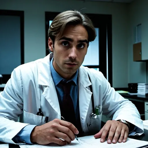 Prompt: A man with dark blond hair, dark eyes, olive skin, expressive eyebrows, straight nose, full lips of medium height in a lab coat in a dark office at a table with documents.