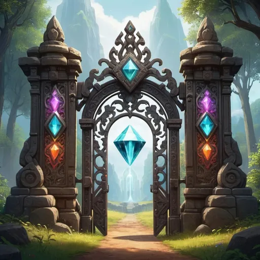 Prompt: Large heavy gates in the middle of a clearing. At the top, a carved diamond shines, glowing with many different colors. Inside, there is a portal. Epic style.