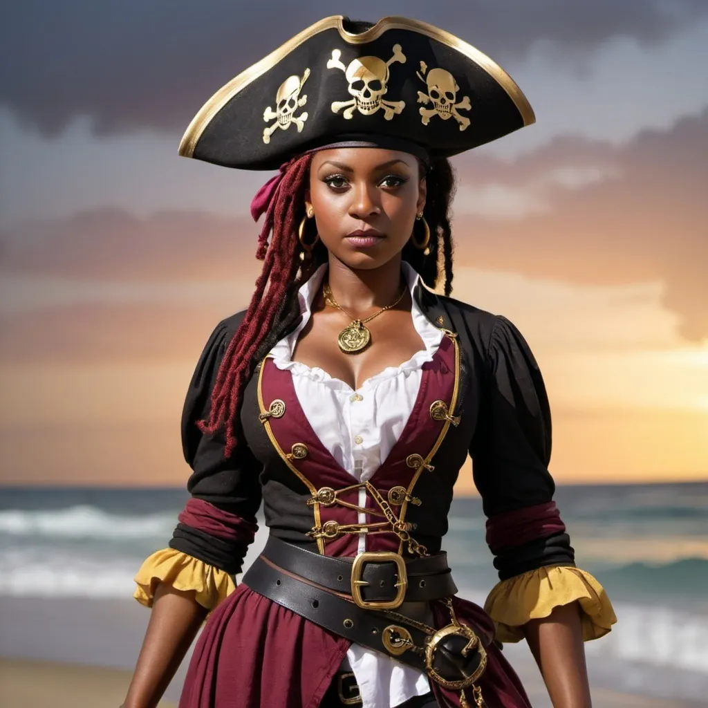 Prompt: A black female pirate with maroon and gold on 
