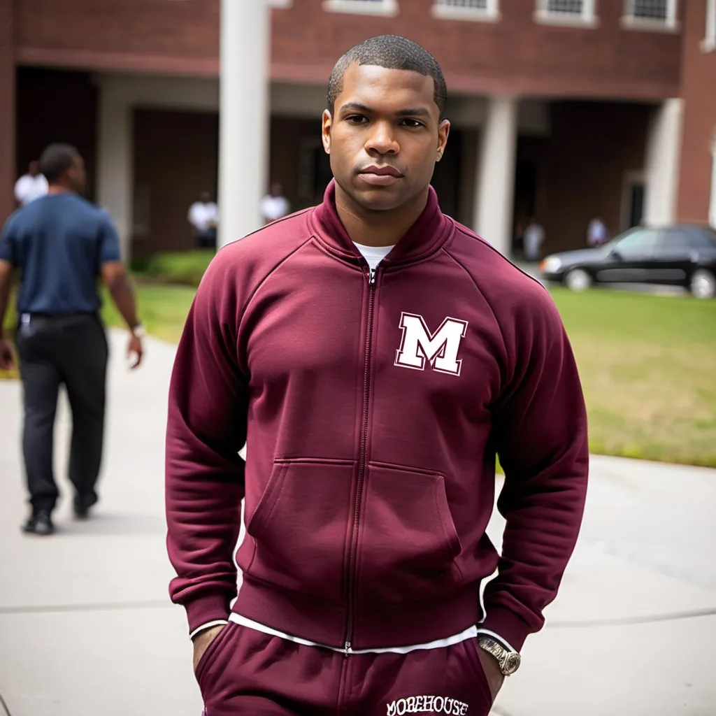 Prompt: Morehouse college man in burgundy sweatsuit