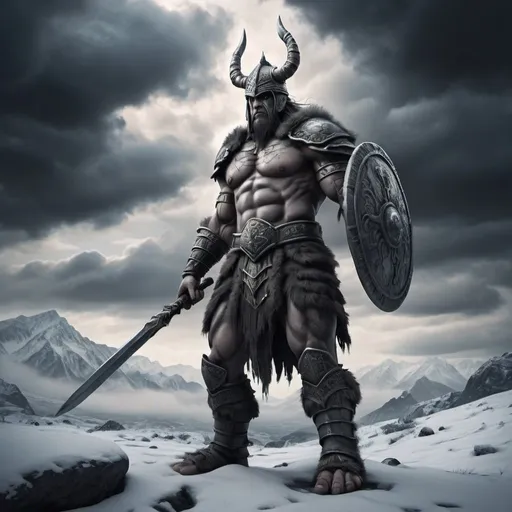 Prompt: photorealistic giant warrior landscape winter cold clouds dark fade light scary vibe