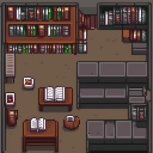Prompt: Fassa um quarto com cores insaturadas com alguns livros jogados, com uma visão de cima semelhante a um rpg de mesa e uma escada. 