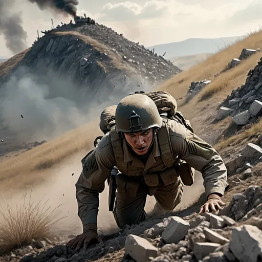 Prompt: (bullets flying by), (soldier crawling up a mountain), dramatic battlefield scene, intense action, high tension, dusty hilltop, cinematic atmosphere, warm colors with contrasting cool shadows, cloudy sky, ultra-detailed, sense of urgency, deep focus on soldier's determination, surrounding grass and rubble, 4K quality, dynamic perspective.