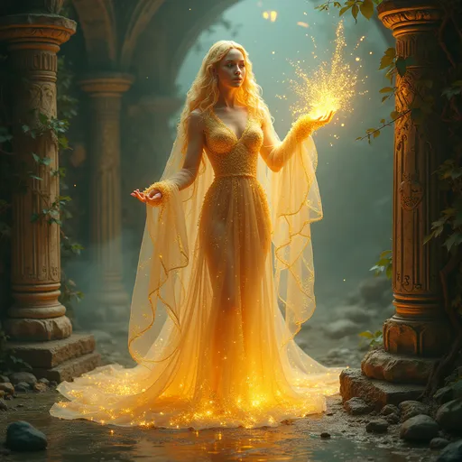 Prompt: Generate an image of a Spirit Agnel a female figure composed entirely of magical vibrant stands in a mystical mythological landscape. Her body is intricately shaped from assorted golden textures . Her glow as if of a goddess, wide eyes shine like crystal, radiating a magical aura. A sheer, transparent silk dress flows around her gelatinous figure, catching light. She stands at the base of a crumbling, vine-wrapped marble temple, surrounded by glowing runes and a shimmering fog. The entire scene has a surreal, enchanted quality — like a goddess of sweets born from ancient myths.

 