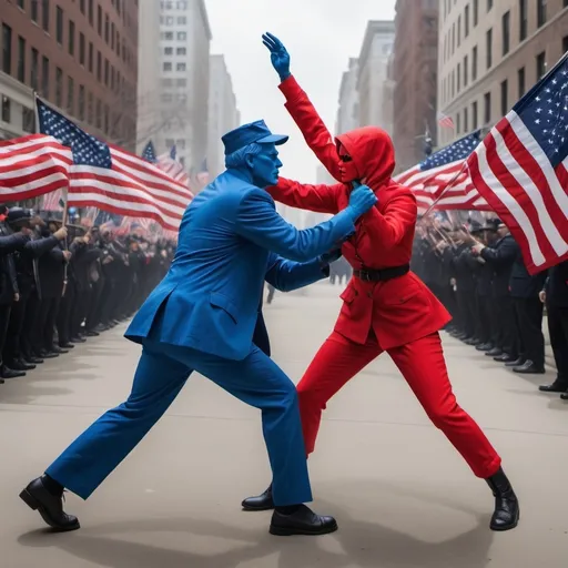 Prompt: Make an hyperrealistic photo of a United States neocon person fighting an american woke person. The climate should be highly politiziced. The neocon muy be depicta in blue and the woke person in red
