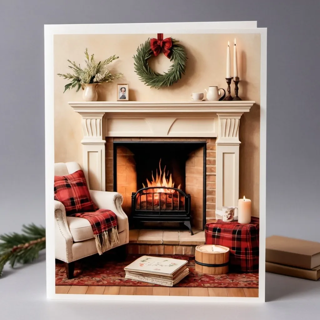 Prompt: Cozy Moments Greeting Card

Experience the warmth and charm of a handcrafted greeting card with our "Cozy Moments" design. Featuring a soft, cream-colored background that mimics the texture of linen, this card captures the essence of a snug evening by the fireplace. The central image showcases a serene fireplace scene with a cozy plaid throw and a steaming cup of tea, creating an inviting and heartfelt atmosphere. Surrounding the fireplace are delicate floral illustrations and accents of patterned cushions and a textured throw, adding a touch of homey comfort. Ideal for conveying heartfelt wishes and warm sentiments, this card is perfect for making your loved ones feel cherished and special.