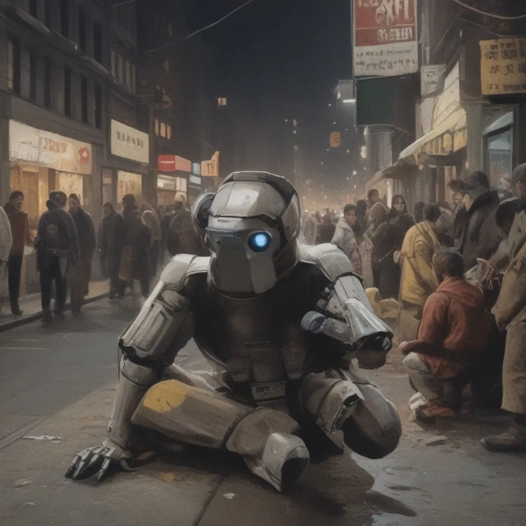 Prompt: In a bustling New York street in 2078, people walk on a Saturday night. In the midst of the crowd, SITTING ON THE GROUND, A BEGGAR ROBOT APPEARS, ASKING FOR ALMS, WITH ITS HAND RAISED