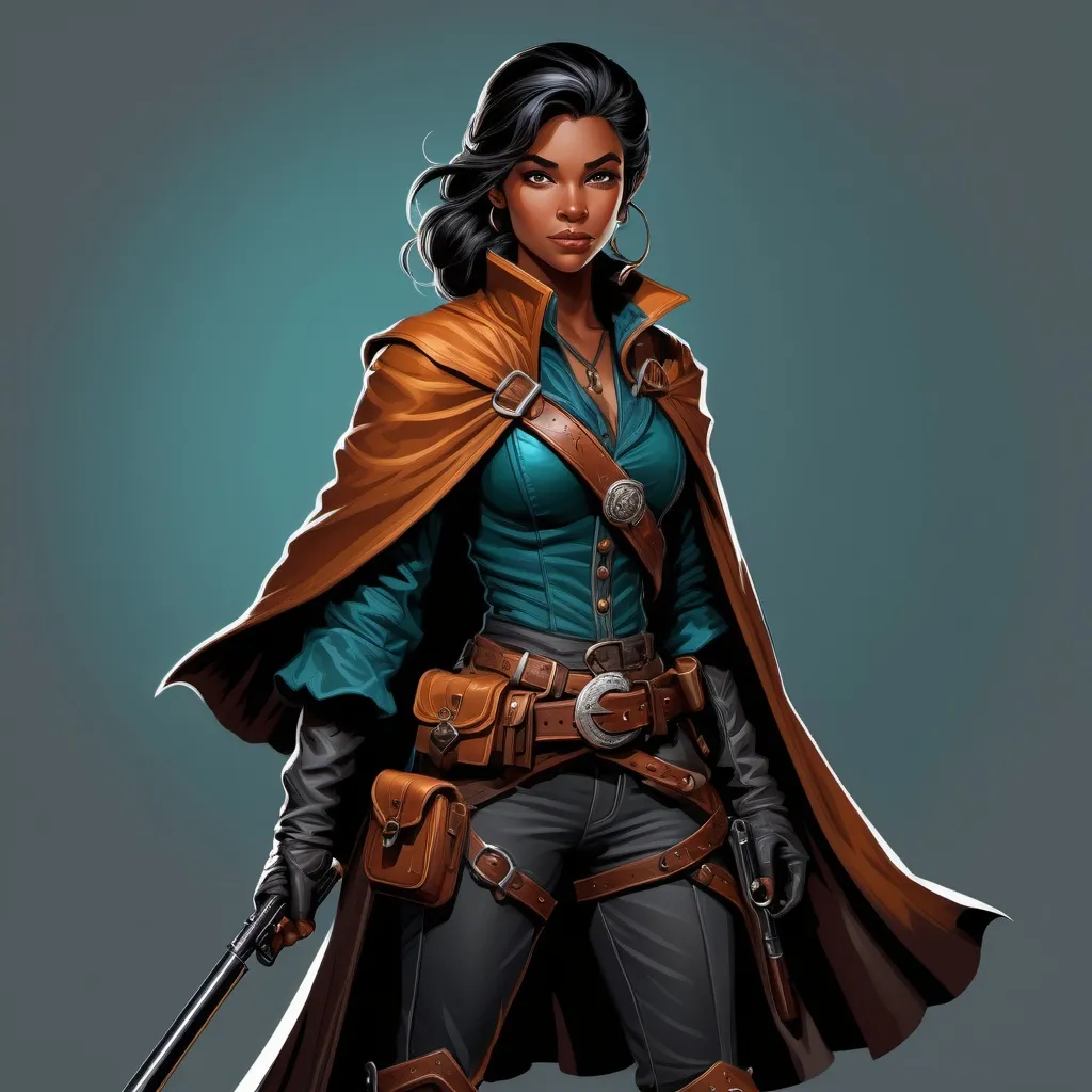 Prompt: Dungeons and Dragons character art of a young female tiefling hobgoblin artificer, wearing leather chaps and a dark teal poncho, in an old west setting, portraying an outlaw bounty hunter cowboy with curly black hair, holding a lever action rifle, high contrast, fantasy vector art, detailed red skin, intense and focused gaze, vintage western lighting, high quality, detailed, grayscale, fantasy style, vector art, color enhancement, professional, atmospheric lighting