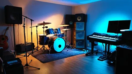 Prompt: A comfy studio room with musical band instruments ready for recording using dim sky blue lights