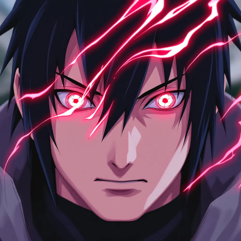 Prompt: Sasuke Uchiha, eyes sharingan-activated, preparing for a duel to defend his honor.