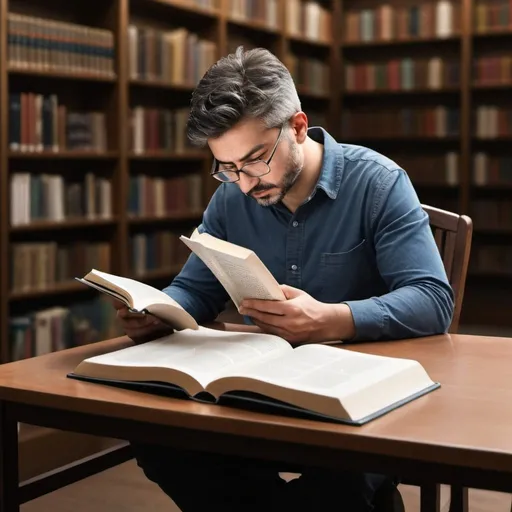 Prompt: Deep work showing image, by sitting on table, reading a book, background is like library,