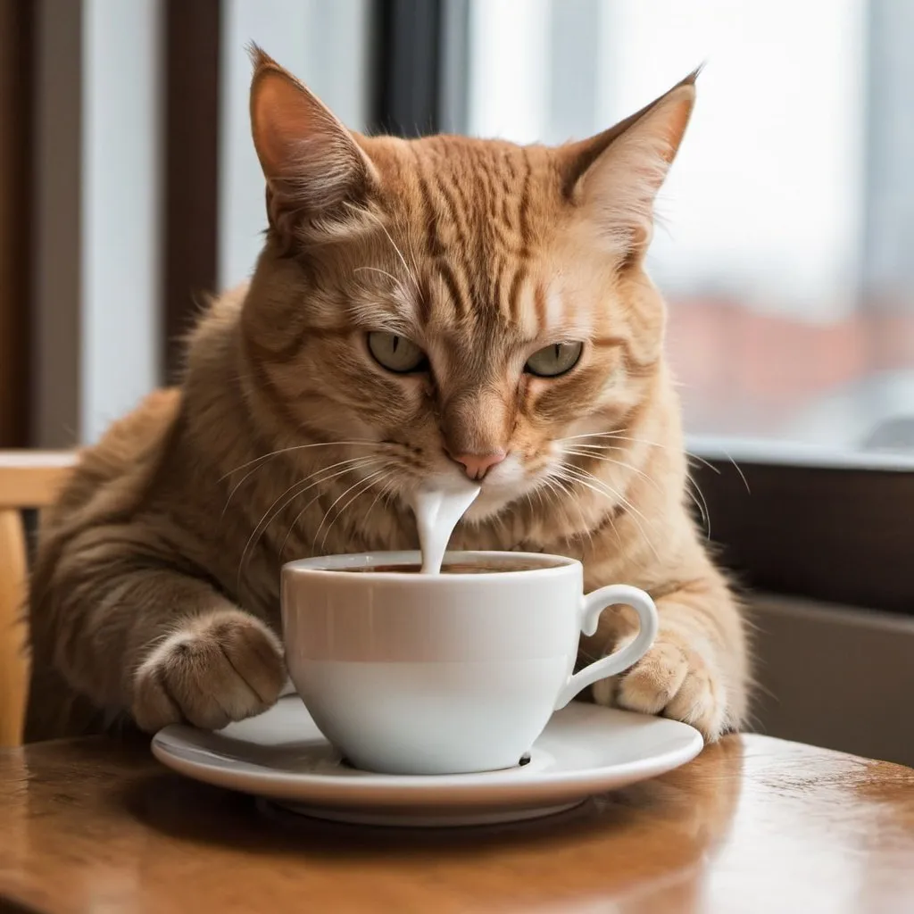 Prompt: A cat drinking cofee