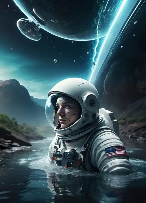 Prompt: (photorealistic) young injured astronaut by a river of glass with a broken spaceship, cinematic movie poster, ethereal glow, intricate reflections, vibrant colors creating depth, surreal landscape, smooth textures, otherworldly ambiance, dramatic lighting, expansive starry background, high-quality 4K resolution, mystical atmosphere that evokes wonder and curiosity, composed with a striking layout that captures the imagination.