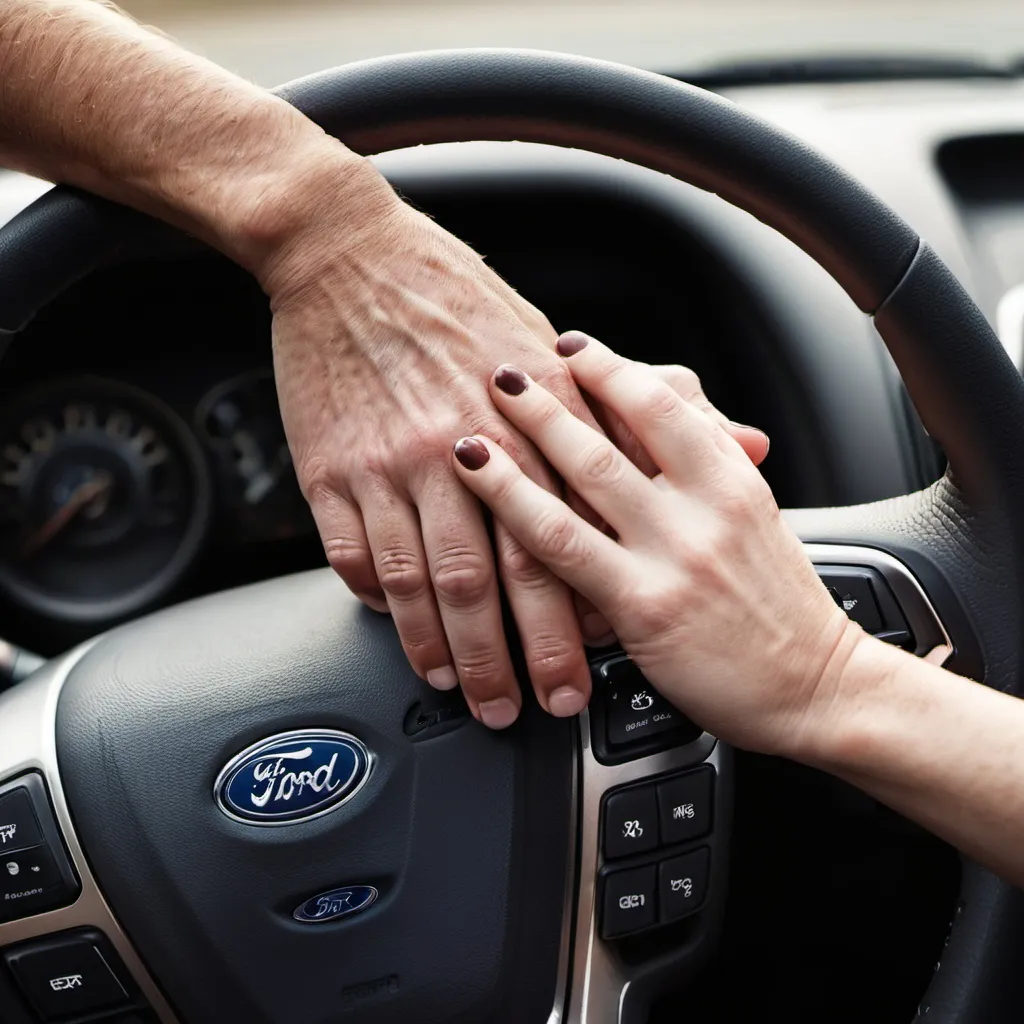 Prompt: Photo des mains de couple dans la voiture de marque ford 