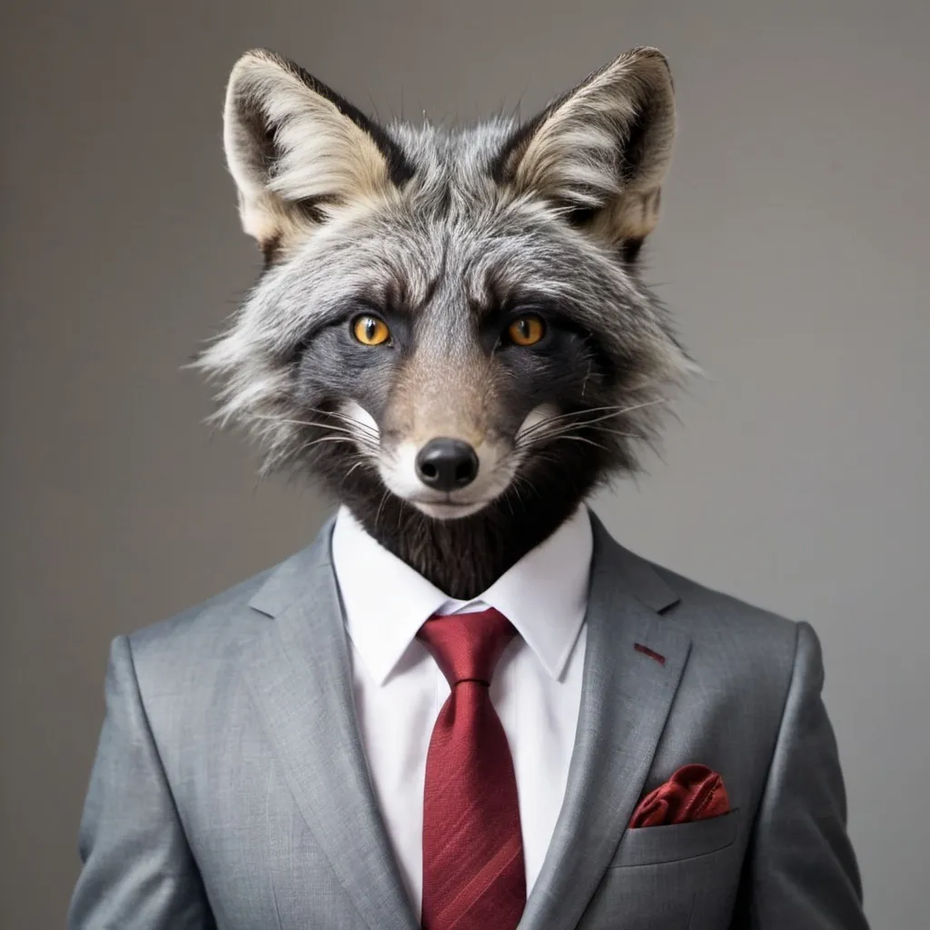 Prompt: Silver fox the animal
wearing suits 
