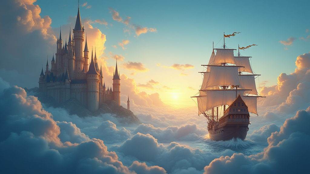 Prompt: Hãy tạo cho tôi một background kỷ yếu với con tàu ở bên phải Và Lâu Đài Ở bên trái, hãy vẽ thêm cho tôi những đám mây như tấm hình trên bao quanh lâu đài, font chữ mang lại cảm giác magic với nội dung "Graduation 12a1". Chi tiết background gồm: A whimsical scene unfolds in a dreamy sky illuminated by a soft gradient of deep blues and warm golds, where a magnificent castle with towering spires glows against the backdrop of swirling clouds. To the right, a majestic ship with billowing sails navigates through the ethereal clouds, leaving trails of light in its wake, suggesting a journey filled with enchantment and wonder. The composition is artistically rich, blending fantastical elements that evoke a sense of adventure, while the decorative typography boldly proclaims "Imagination" in an elegant, flowing script. Overall, the image captures a magical narrative, inviting viewers to explore realms of creativity and fantasy.
The image is a digital illustration of a pirate ship sailing in the sky with a castle in the background. The sky is filled with clouds and the ship is sailing on the right side of the image. The ship is brown with white sails and appears to be sailing towards the castle on the left side. The castle is made of stone and has multiple towers and turrets. The background is a deep blue color with a hint of purple and orange. Above the ship, there is a banner with the words "Paradise of the Sea" written in a cursive font. The overall theme of the illustration is dark and mysterious.