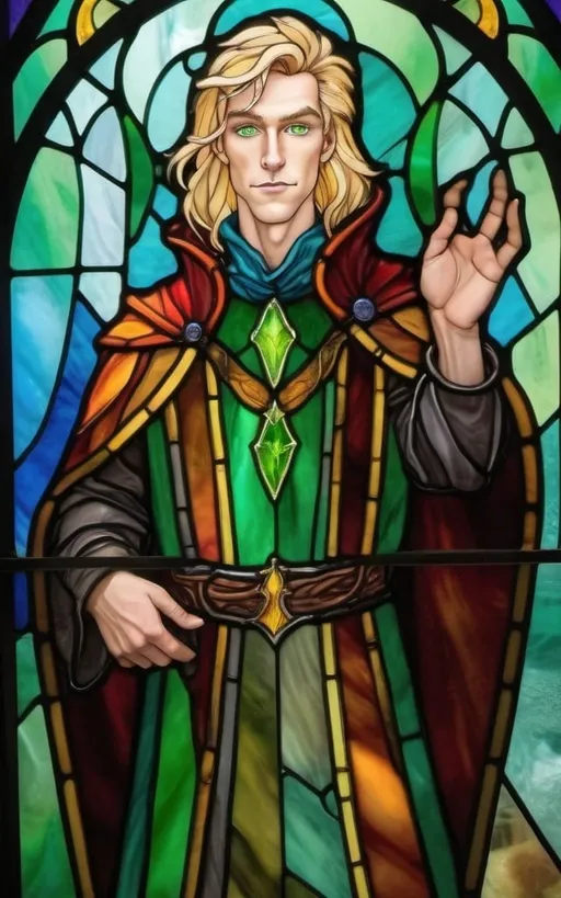 Prompt: A cocky looking wizard with blonde hair and green eyes, the background is a kingdom