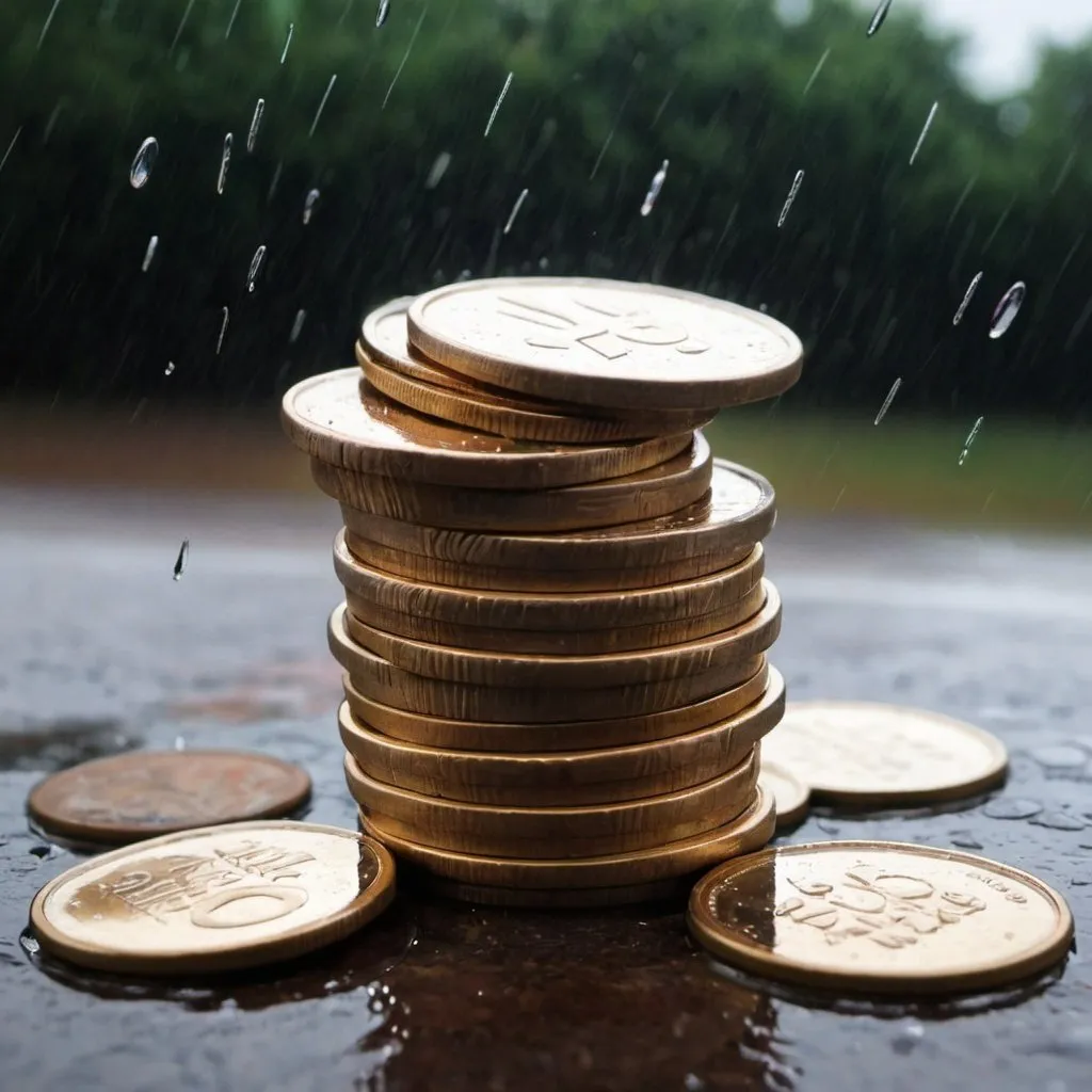 Prompt: A pile of coins in the rain 