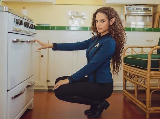 Prompt: Turn this woman into a Vulcan woman from Star Trek.
