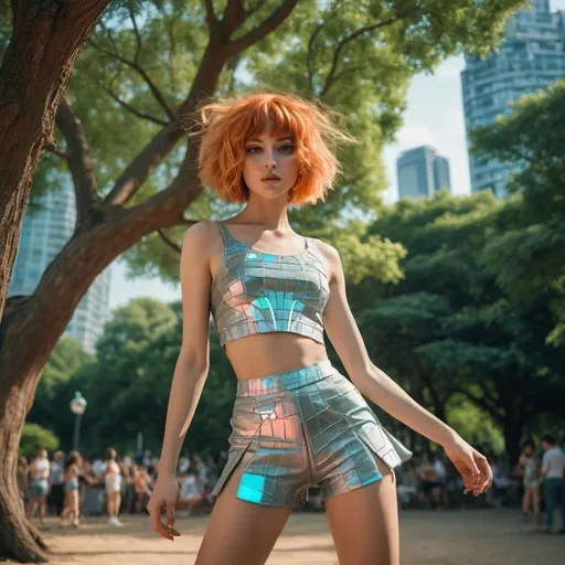 Prompt: A vibrant, naturally artful summer photo set in a lush park where retro aesthetics blend seamlessly with nature. From a high camera perspective, a tall, striking young Italian girl with a cool, short, unique reddish-orange-blonde-brown hairstyle dances energetically beside a mature tree. Her body pulses with energy to the rhythm of hard techno music, her glowing eyes radiating excitement, giving her an almost otherworldly, surreal quality. Her strong, statuesque figure with distinctly feminine features is accentuated by her wild yet graceful movements, with her long legs emphasized as she dances. She wears a bold, two-piece techno-style outfit, finely colored in soft pastels with vibrant patterns and a cyberpunk edge. The cropped top and matching skirt or shorts reflect confidence and freedom, enhancing her striking appearance.

The park is filled with greenery, its natural beauty contrasting with the futuristic elements, while neon lights and holographic ads reflect off classical structures, creating a captivating fusion of nature, technology, and history. The scene feels like a lively outdoor party, set amidst the open beauty of the park. Alternatively, the setting could shift to a European coastline where golden sands meet a futuristic skyline. This photorealistic image captures every detail, blending elements into an immersive, breathtaking experience with the girl's ethereal, cyberpunk-inspired two-piece style at the center