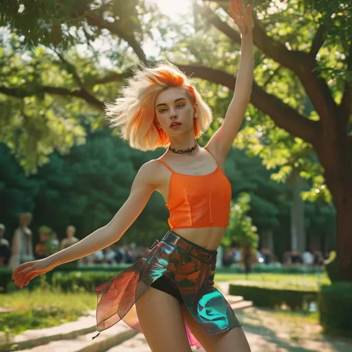 Prompt: A vibrant, naturally artful summer photo set in a lush park where retro aesthetics blend seamlessly with nature. From a high camera perspective, a tall, striking young nordic girl with a short, unique white-orange hairstyle dances energetically beside a mature tree. Her body pulses with energy to the rhythm of hard trance music, her glowing eyes radiating excitement, giving her an almost otherworldly, surreal quality. Her strong, statuesque figure with distinctly feminine features is accentuated by her wild yet graceful movements, with her long legs emphasized as she dances. She wears a short, finely colored techno-style outfit, blending soft tones with a bold edge, embodying confidence and freedom.

The park is filled with greenery, its natural beauty contrasting with the futuristic elements, while neon lights and holographic ads reflect off classical structures, creating a captivating fusion of nature, technology, and history. The scene has the lively atmosphere of a party, yet it's immersed in the open beauty of the park. Alternatively, the setting could shift to a European coastline where golden sands meet a futuristic skyline. This photorealistic image captures every detail, blending elements into an immersive, breathtaking experience with the girl's ethereal, cyberpunk-inspired style at its core.