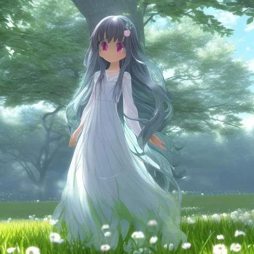 Prompt: 3D anime of a girl withy long hair, wearing a silver flowy dress. her dress and hair flows in the direction  of the wind. She is standing from side under a big maple tree which glows. She has big eyes. 