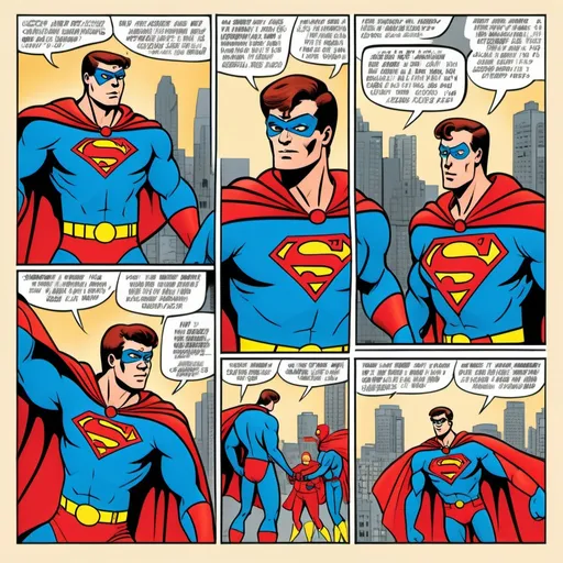 Prompt: create a multi panel comic strip in the style of 1980s newspaper cartoons with color print featuring a super hero who saves the day. In this comic it will have the following 3 characters used in the appropriate panels of the story: 1) caped Superhero with blue and red spandex suit, who is caucasian, bald, and has a muscular build 2) and an exaggerated criminal, named Tom, that is wearing a black mask and a black and white striped long sleeve shirt and black pants. 3) Police officer wearing a blue uniform and police hat. Here’s a layout idea for the 6 panels:

Panel 1: The criminal is sneaking up to the truck, looking suspicious with a gun in his hand. The truck is parked alone in a dock position at a large warehouse with the superhero not yet in sight.

Panel 2: The criminal is at the back of the truck, starting to break open the locked door of the truck with the crowbar. The superhero's shadow begins to appear on the ground, signaling his arrival.

Panel 3: The superhero flies overhead, shooting laser beams from his eyes toward the criminal, who is startled and drops the crowbar.

Panel 4: The criminal tries to run away, but the superhero swoops down, grabbing him by the collar and stopping his escape.

Panel 5: The superhero holds the criminal while the police arrive. The truck is safe in the background.

Panel 6: The criminal is in handcuffs, being placed into a police car. The superhero stands proudly next to the truck, mission accomplished.