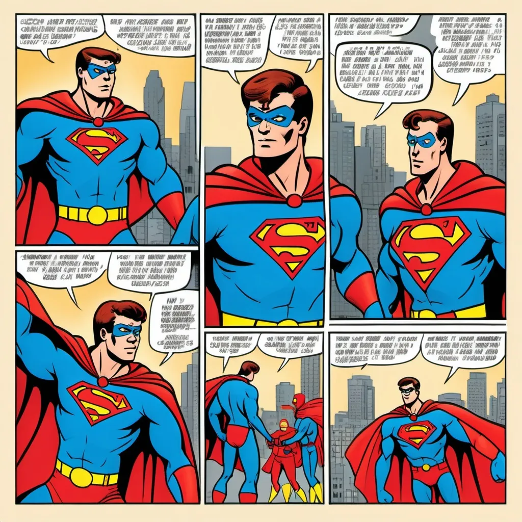 Prompt: create a multi panel comic strip in the style of 1980s newspaper cartoons with color print featuring a super hero who saves the day. In this comic it will have the following 3 characters used in the appropriate panels of the story: 1) caped Superhero with blue and red spandex suit, who is caucasian, bald, and has a muscular build 2) and an exaggerated criminal, named Tom, that is wearing a black mask and a black and white striped long sleeve shirt and black pants. 3) Police officer wearing a blue uniform and police hat. Here’s a layout idea for the 6 panels:

Panel 1: The criminal is sneaking up to the truck, looking suspicious with a gun in his hand. The truck is parked alone in a dock position at a large warehouse with the superhero not yet in sight.

Panel 2: The criminal is at the back of the truck, starting to break open the locked door of the truck with the crowbar. The superhero's shadow begins to appear on the ground, signaling his arrival.

Panel 3: The superhero flies overhead, shooting laser beams from his eyes toward the criminal, who is startled and drops the crowbar.

Panel 4: The criminal tries to run away, but the superhero swoops down, grabbing him by the collar and stopping his escape.

Panel 5: The superhero holds the criminal while the police arrive. The truck is safe in the background.

Panel 6: The criminal is in handcuffs, being placed into a police car. The superhero stands proudly next to the truck, mission accomplished.