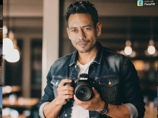 Prompt: Have the male hold a Nikon DSLR camera, looking into the camera.