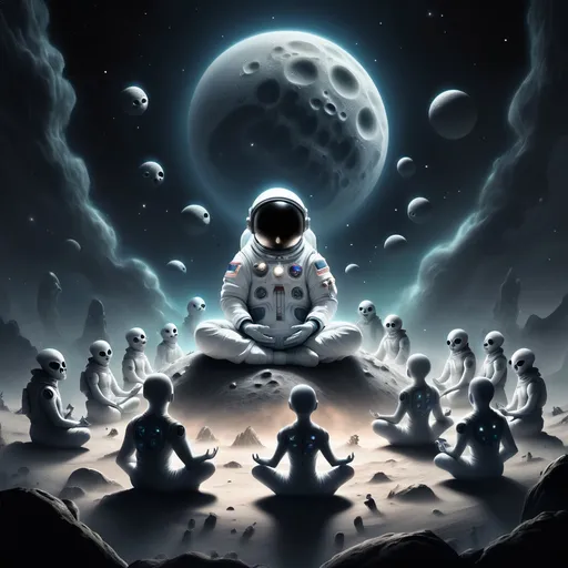 Prompt: Astronaut doing meditation on moon, surrounding with aliens and ghouls,