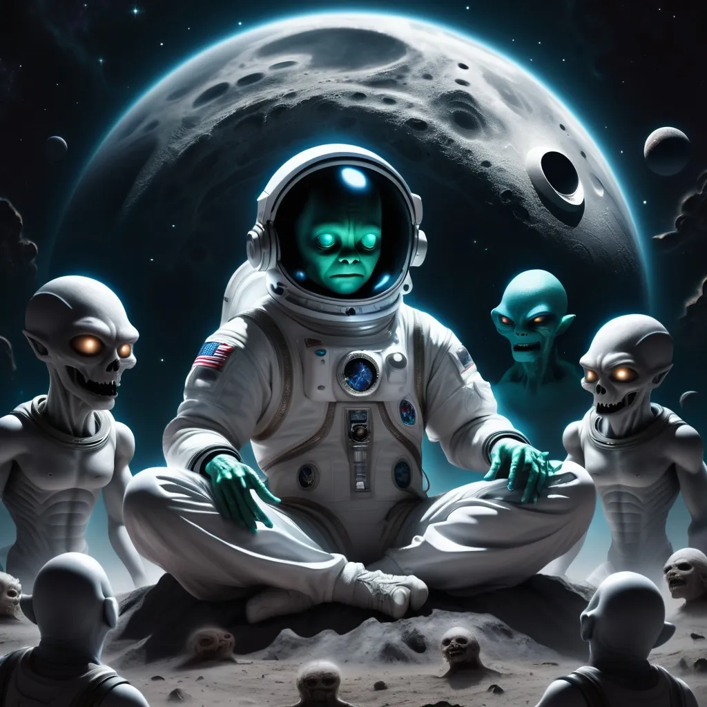 Prompt: Astronaut doing meditation on moon, surrounding with aliens and ghouls,