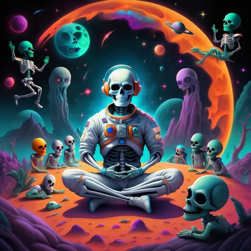 Prompt: Astronaut doing meditation on moon, surrounding with aliens and ghouls made of skeleton and vivid colors