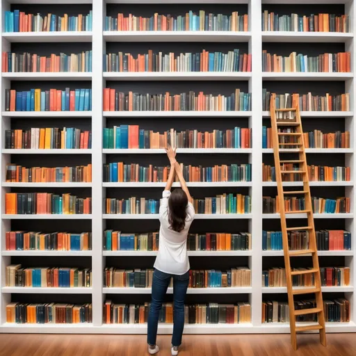 Prompt: realistic wall of bookcases filled with library books with a woman reaching for one book. Books should be realistically colorful. Bookcase should be white.