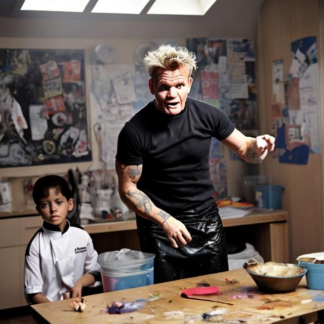 Prompt: Gordon Ramsay scolding kids in a messy bedroom, 