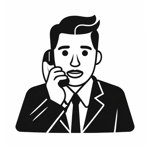 Prompt: minimal B&W icon, man talking on phone, svg, flat minimal line vector design, white background