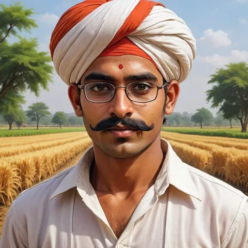 Prompt: Create a hyper-realistic image of a young Gujarati farmer. The farmer should have a traditional paghadi (turban) on his head, a long mustache, and be wearing glasses. He should be dressed in traditional attire, including a white kurta and dhoti. The farmer should also have a Swaminarayan tilak
