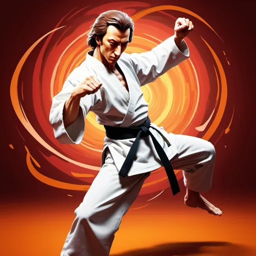 Prompt: (Frederic Chopin karate chopping), dynamic action pose, vibrant (warm color scheme), cartoonish illustration, capturing motion and intensity, dramatic facial expression, classical influences featuring a stylized musical note background, energy radiating around figure, blending emotion and strength, HD quality, gaming art style, exciting composition reminiscent of popular fighting games.