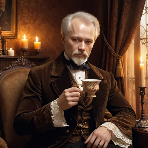 Prompt: (misc-gothic style), Tchaikovsky, elegantly dressed in historical attire, holding a delicate porcelain chai cup, warm color scheme, earthy tones of amber and mahogany, cozy and inviting atmosphere, softly lit by candlelight, intricate floral patterns around, a backdrop of opulent drapes, ultra-detailed, artistic blend of classical and gothic elements.