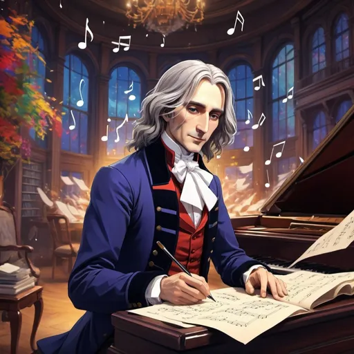 Prompt: (anime style), (Franz Liszt) writing a list, vibrant colors, expressive character design, intricate details in the clothing, dynamic background with musical notes swirling around, whimsical ambiance, strong emotional expression reflecting creativity, high-quality rendering, ultra-detailed, immersive environment.