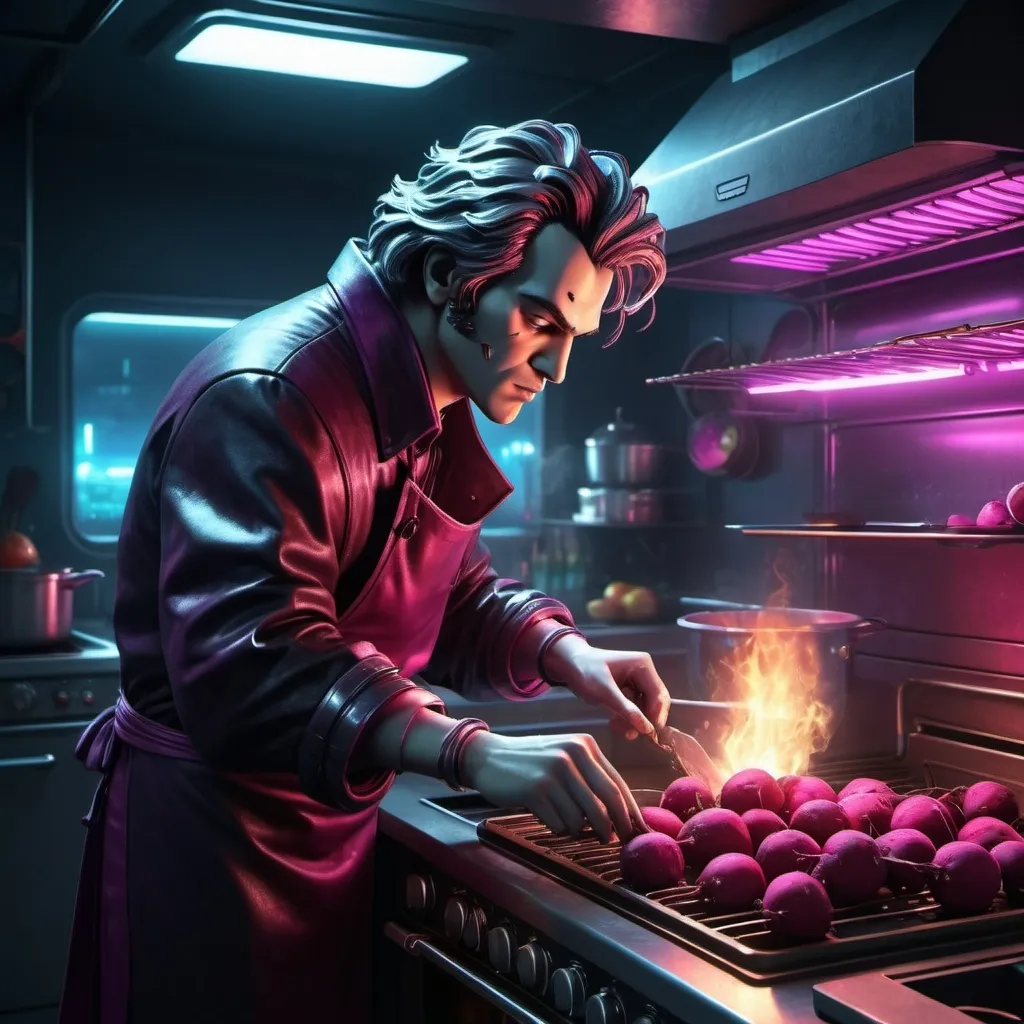 Prompt: Beethoven (character) cooking beets in an oven, cyberpunk style, (dark color scheme), neon lights, futuristic kitchen, moody atmosphere, high-tech appliances, urban backdrop, steam rising, intricate details, vivid lighting contrasts, 4K, ultra-detailed, dynamic scene, retro-futuristic decor.