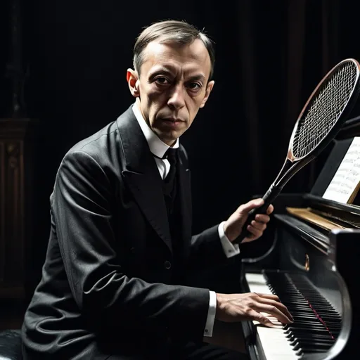 Prompt: (Sergei Rachmaninov), holding a tennis racket, sitting at a piano, (misc-macabre style), dark color scheme, eerie ambiance, dramatic shadows, blurred background to evoke mystery, contrasting highlights, moody atmosphere, intricately detailed piano, haunting elegance, captivating expression, ultra-detailed, high quality, cinematic depth.