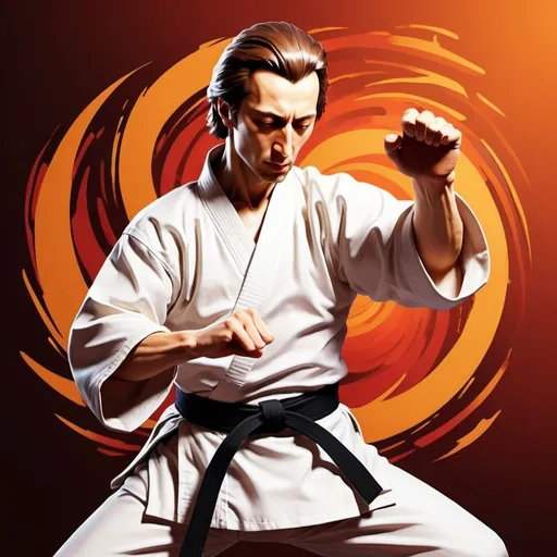 Prompt: (Frederic Chopin karate chopping), dynamic action pose, vibrant (warm color scheme), cartoonish illustration, capturing motion and intensity, dramatic facial expression, classical influences featuring a stylized musical note background, energy radiating around figure, blending emotion and strength, HD quality, gaming art style, exciting composition reminiscent of popular fighting games.