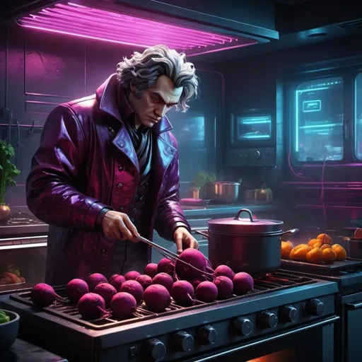 Prompt: Beethoven (character) cooking beets in an oven, cyberpunk style, (dark color scheme), neon lights, futuristic kitchen, moody atmosphere, high-tech appliances, urban backdrop, steam rising, intricate details, vivid lighting contrasts, 4K, ultra-detailed, dynamic scene, retro-futuristic decor.