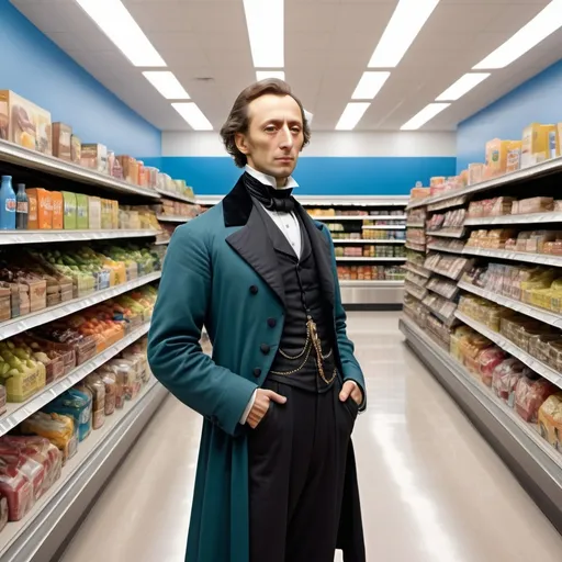 Prompt: (photorealistic) image of Frederic Chopin, shopping at Walmart, elegantly dressed in 19th-century attire, surrounded by modern grocery displays, cool color scheme with subtle blues and greens, high-quality and ultra-detailed composition, expressive and contemplative mood, blending classic character with contemporary setting, vibrant store ambiance with warm artificial lighting, showcasing an anachronistic yet harmonious blend of eras.