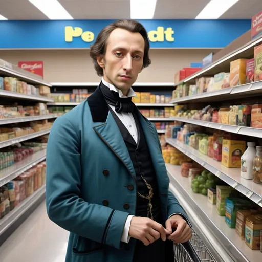 Prompt: (photorealistic) image of Frederic Chopin, shopping at Walmart, elegantly dressed in 19th-century attire, surrounded by modern grocery displays, cool color scheme with subtle blues and greens, high-quality and ultra-detailed composition, expressive and contemplative mood, blending classic character with contemporary setting, vibrant store ambiance with warm artificial lighting, showcasing an anachronistic yet harmonious blend of eras.