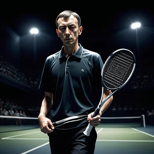 Prompt: (misc-manga style), (Sergei Rachmaninov holding a tennis racket), dark color scheme, deep shadows, moody ambiance, intense expressions, dramatic lighting, dynamic pose, stylish tennis attire, minimalist background featuring blurred out court setting, high-quality details, ultra-detailed workmanship, captivating and inspiring atmosphere.