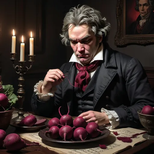 Prompt: (ultra-detailed) Beethoven eating beets, dark theme, moody atmosphere, dramatic shadows, expression of contemplation, vintage-style, muted colors, rich deep reds of beets contrasting with his attire, background featuring an ambient, candle-lit room, ethereal lighting, creates an air of mystery. A gothic vibe reminiscent of classical music's intensity. 