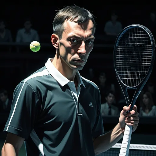 Prompt: (misc-manga style), (Sergei Rachmaninov holding a tennis racket), dark color scheme, deep shadows, moody ambiance, intense expressions, dramatic lighting, dynamic pose, stylish tennis attire, minimalist background featuring blurred out court setting, high-quality details, ultra-detailed workmanship, captivating and inspiring atmosphere.